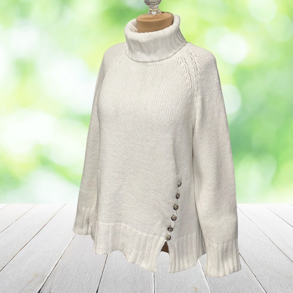 Vintage COTTON COUNTRY Parkhurst Asym Turtleneck Sweater Art Buttons White Sz M
